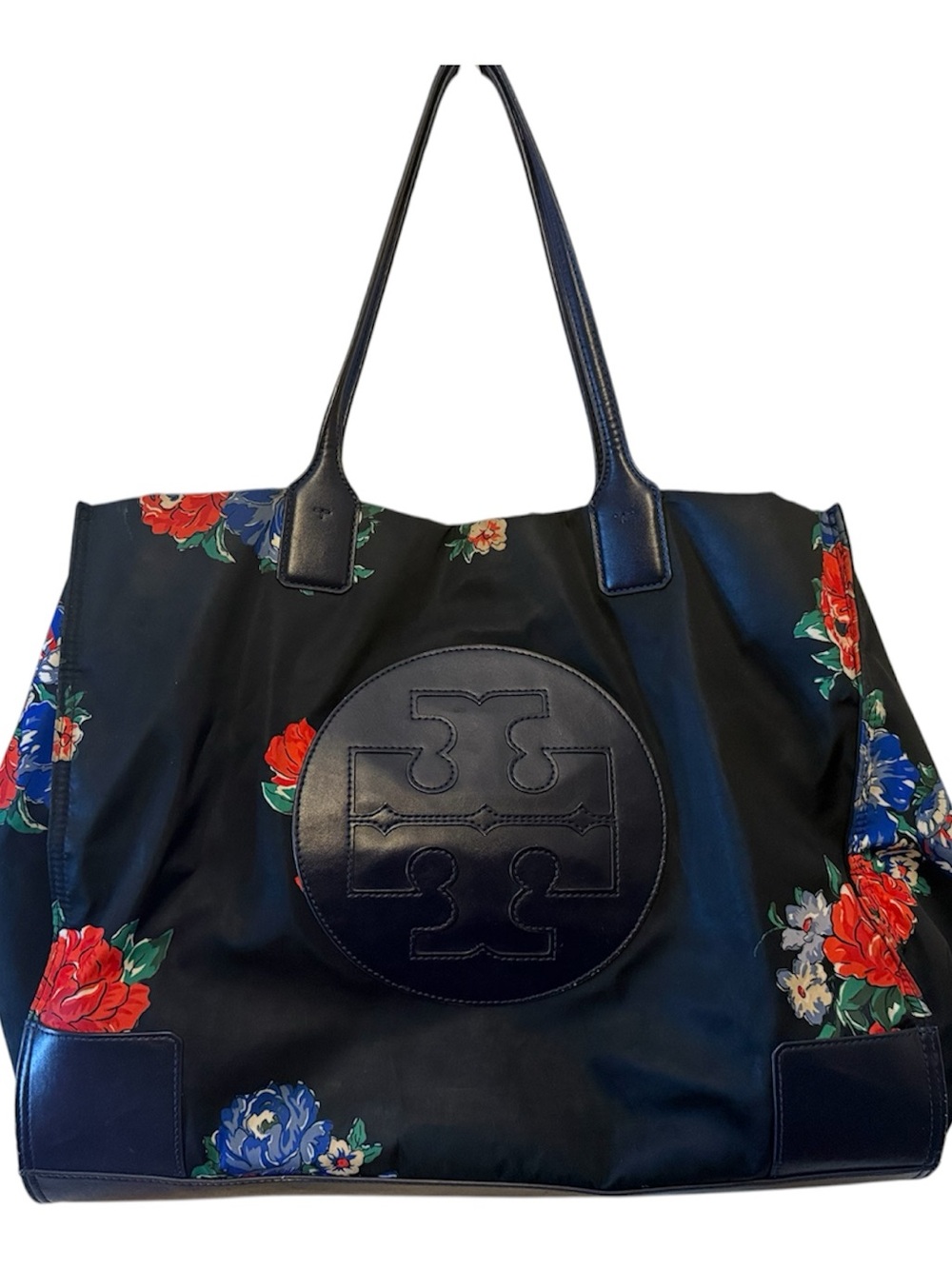 Tory Burch Ella Black Floral Nylon Logo Tote